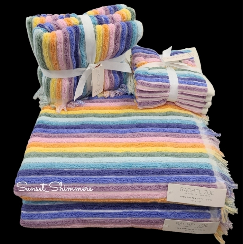8pc Rachel Zoe Cotton Pastel Rainbow Striped Bath Hand Washcloth Towel Set New